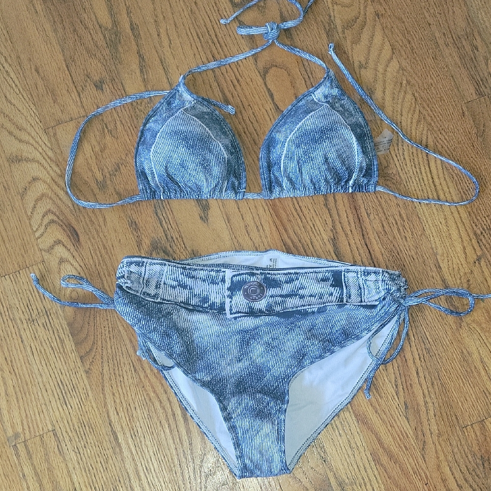 Blue Denim-Print Triangle Bikini Set